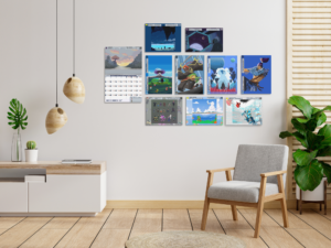 pixel art calendar in a clean white office